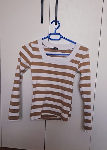 Bej Çizgili Kadın Triko Bluz - Görsel 2