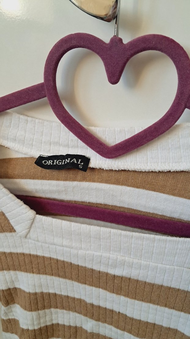 Bej Çizgili Kadın Triko Bluz - Görsel 3