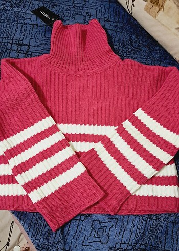 Pembe Çizgili Boğazlı Triko Kadın Kazak - Görsel 3