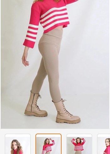 Pembe Çizgili Boğazlı Triko Kadın Kazak - Görsel 2