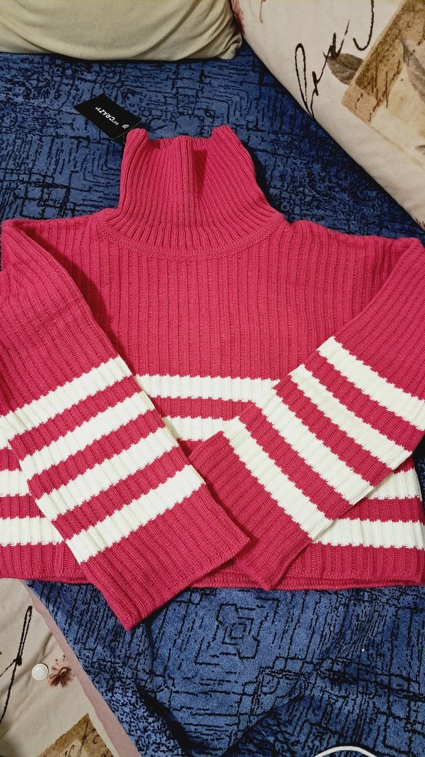 Pembe Çizgili Boğazlı Triko Kadın Kazak - Görsel 3