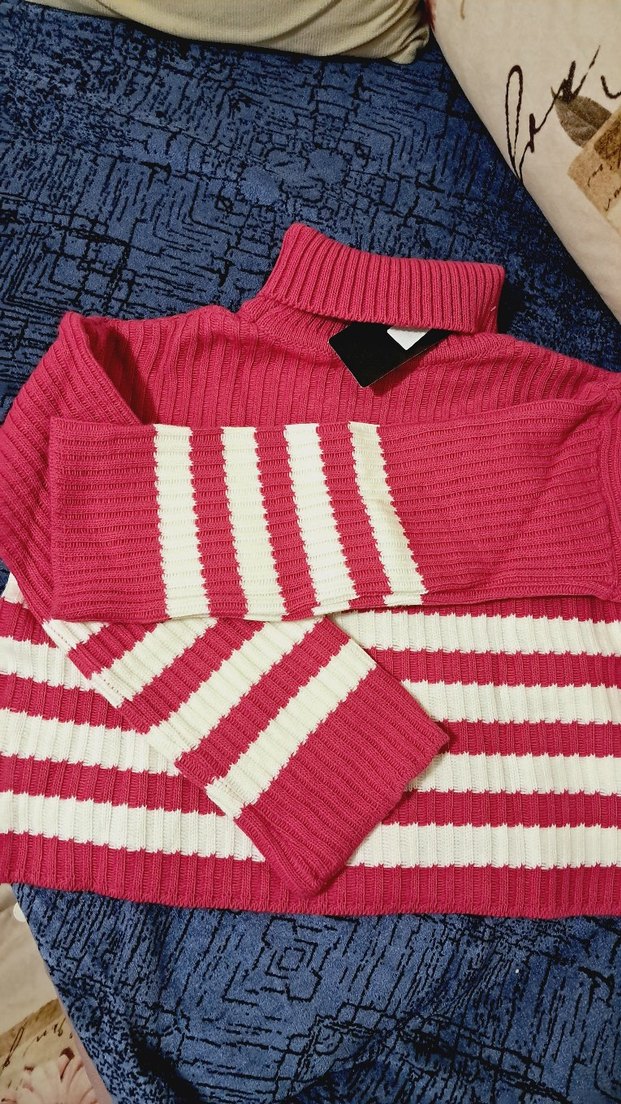 Pembe Çizgili Boğazlı Triko Kadın Kazak - Görsel 4