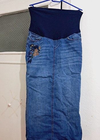 Beli Kemerli Mavi Hamile Kot Etek - Görsel 2