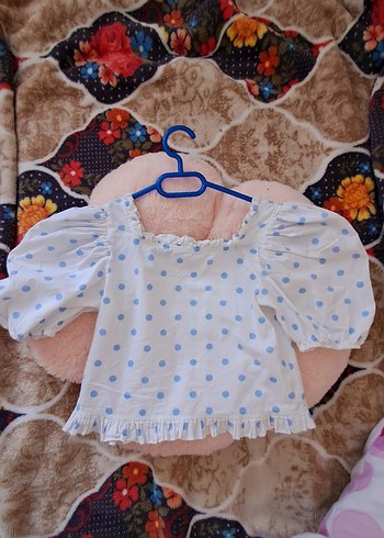 Mavi Puantiyeli Kısa Kollu Pamuk Bluz - Görsel 4