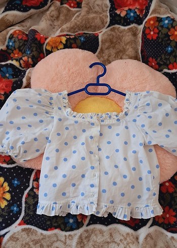 Mavi Puantiyeli Kısa Kollu Pamuk Bluz - Görsel 8