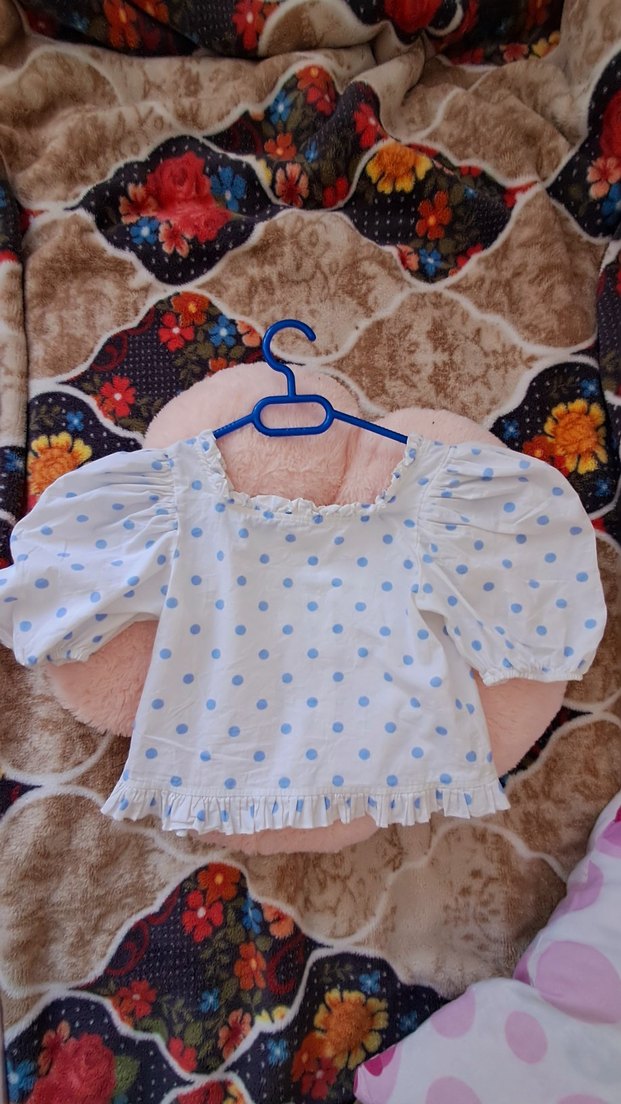 Mavi Puantiyeli Kısa Kollu Pamuk Bluz - Görsel 4