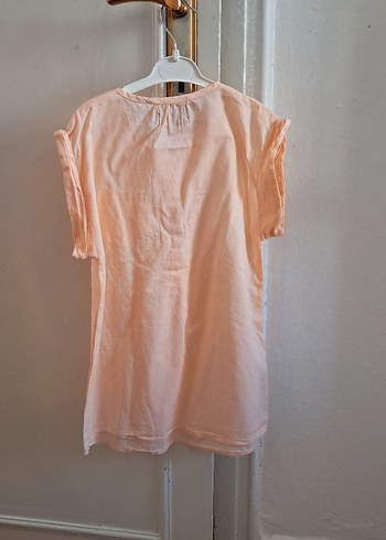 Bej Keten Düğmeli V Yaka Bluz - Görsel 2