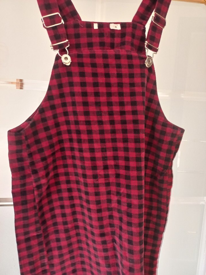 Bordo Kareli Askılı Kemerli Kız Salopet - Görsel 5