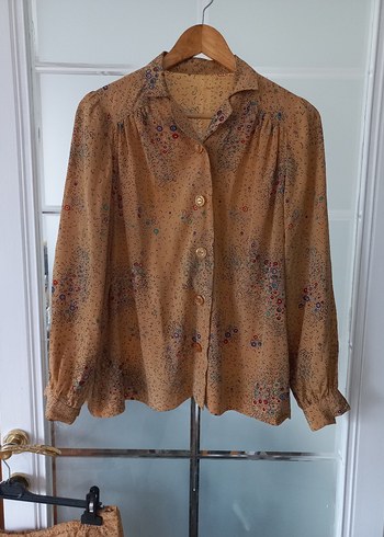 Bej Düğmeli Vintage Bohem Uzun Kollu Gömlek ve etek ikili takım