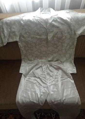 Kadın Gri Vintage Midi Saten Pijama Takımı