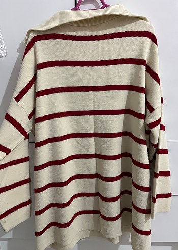 Bordo Çizgili Yarım Fermuarlı Kadın Kazak - Görsel 3