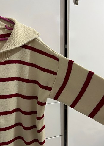 Bordo Çizgili Yarım Fermuarlı Kadın Kazak - Görsel 2