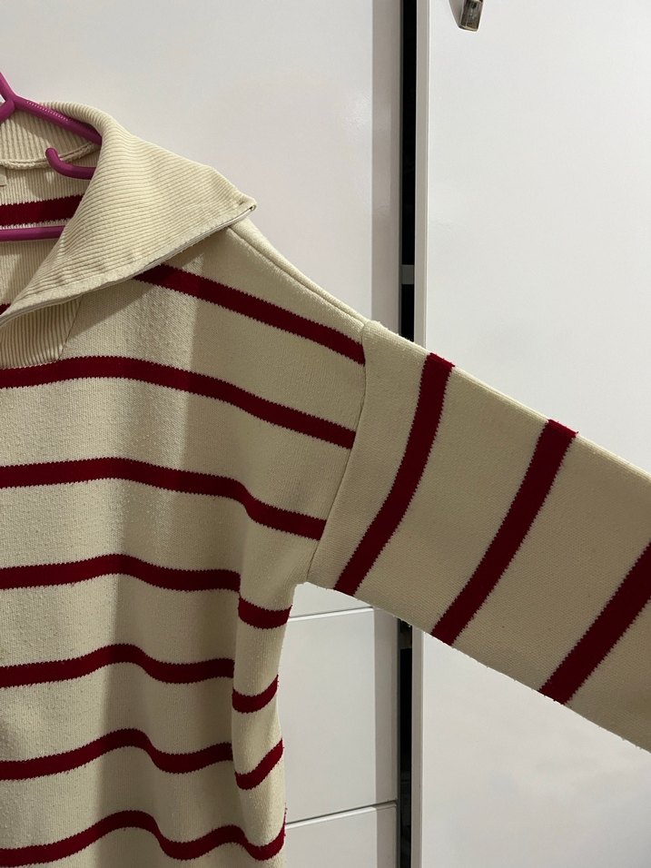 Bordo Çizgili Yarım Fermuarlı Kadın Kazak - Görsel 2