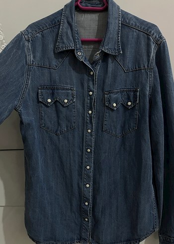 Düğmeli Mavi Denim Kadın Gömlek - Görsel 2