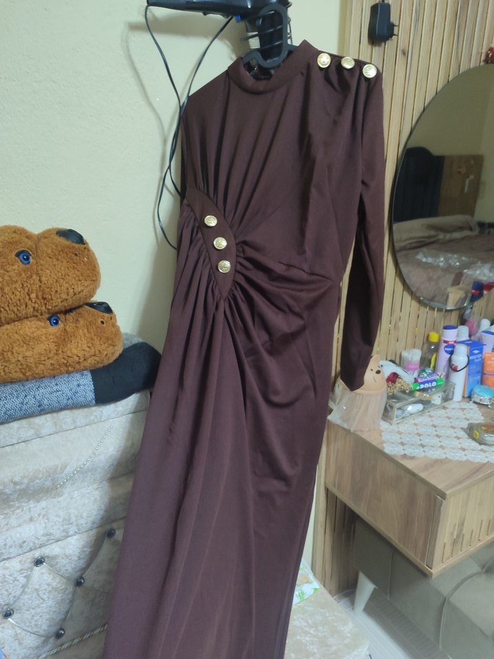 Drapeli Kahverengi tesettür abiye - Görsel 5