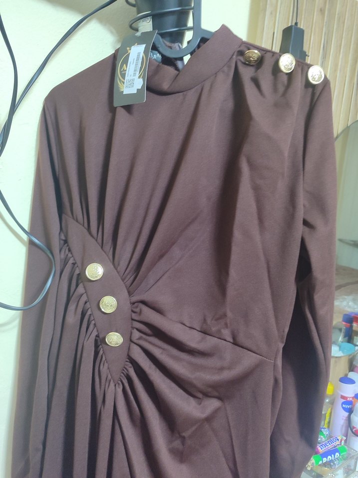 Drapeli Kahverengi tesettür abiye - Görsel 4