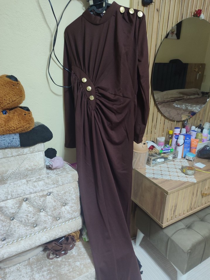 Drapeli Kahverengi tesettür abiye - Görsel 3