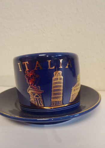 İTALYAN Koyu Mavi Seramik Fincan ve Tabak - Görsel 2