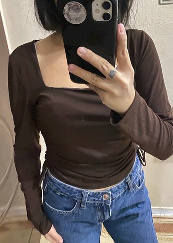 Kahverengi Uzun Kollu Crop Top - Görsel 3