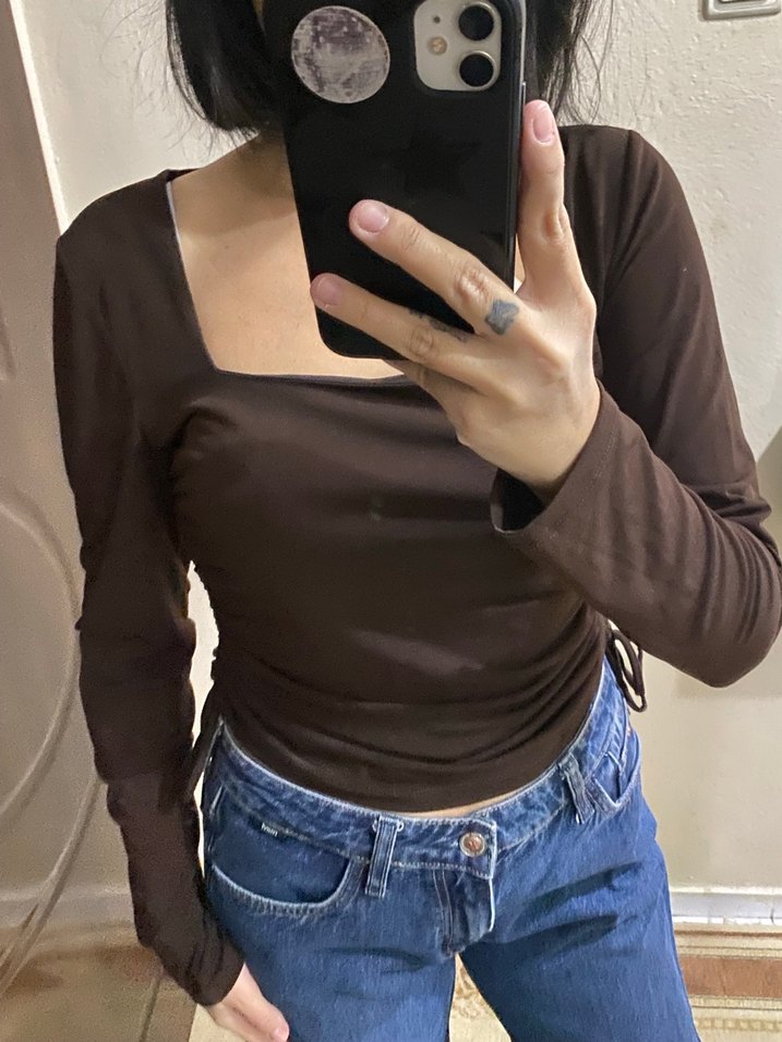 Kahverengi Uzun Kollu Crop Top - Görsel 3