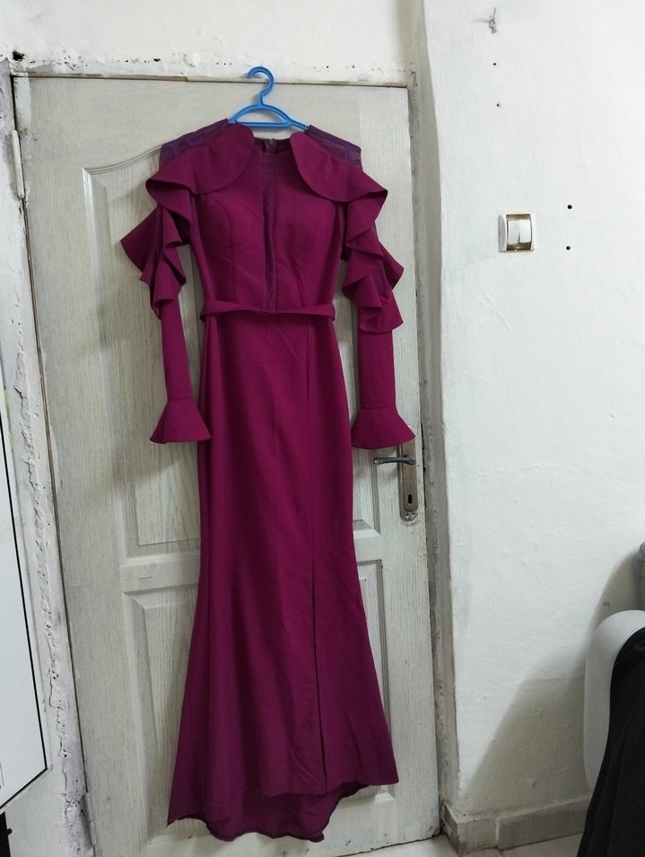 Bordo Uzun Kollu Fırfırlı Kadın Abiye Elbise renk mürdüm rengi - Görsel 2