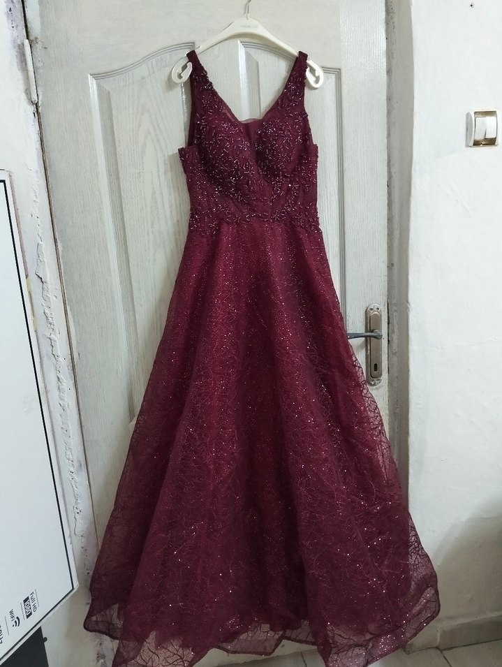 Bordo V Yaka Uzun Abiye Elbise - Görsel 2