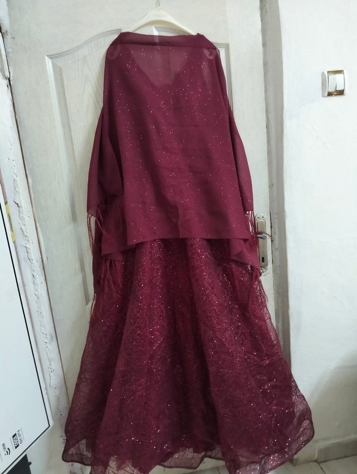 Bordo V Yaka Uzun Abiye Elbise - Görsel 3