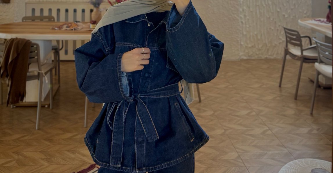 Kadın Lacivert Uzun Kot Ceket takım - Görsel 2