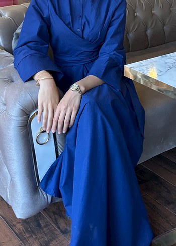 Beli Kuşaklı Lacivert Uzun Elbise - Görsel 2