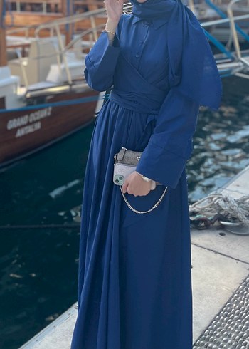 Beli Kuşaklı Lacivert Uzun Elbise - Görsel 3