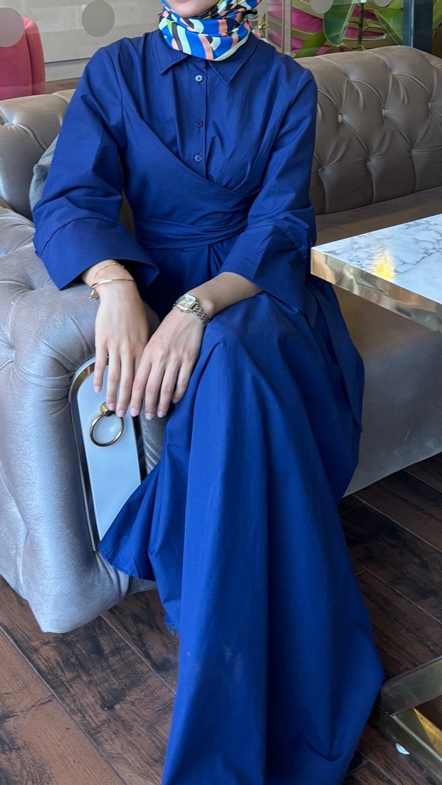 Beli Kuşaklı Lacivert Uzun Elbise - Görsel 2