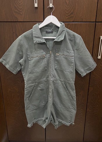 Gri Kısa Kollu Denim Mini Tulum
