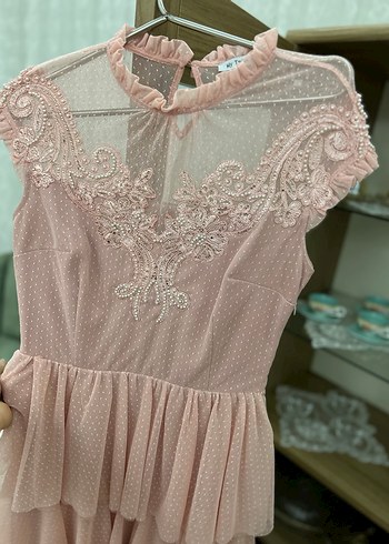 Pembe Dantel İşlemeli Midi Abiye Elbise - Görsel 2