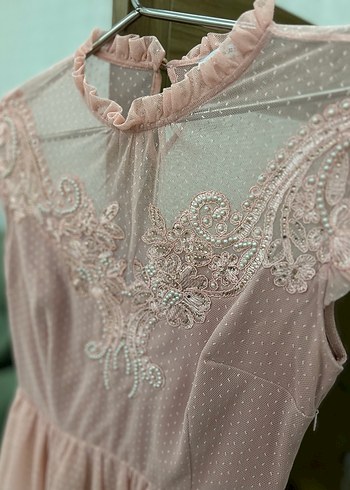 Pembe Dantel İşlemeli Midi Abiye Elbise - Görsel 3