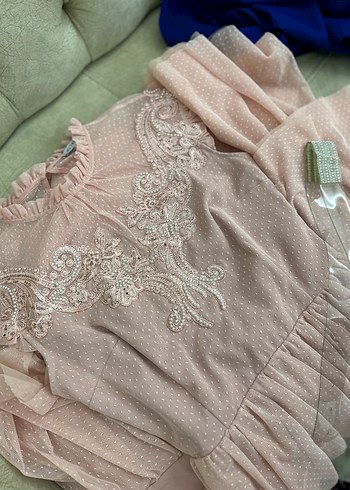 Pembe Dantel İşlemeli Midi Abiye Elbise - Görsel 4