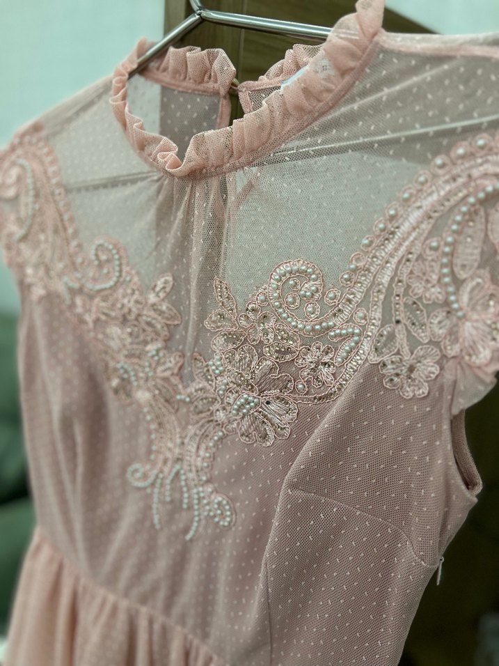 Pembe Dantel İşlemeli Midi Abiye Elbise - Görsel 3