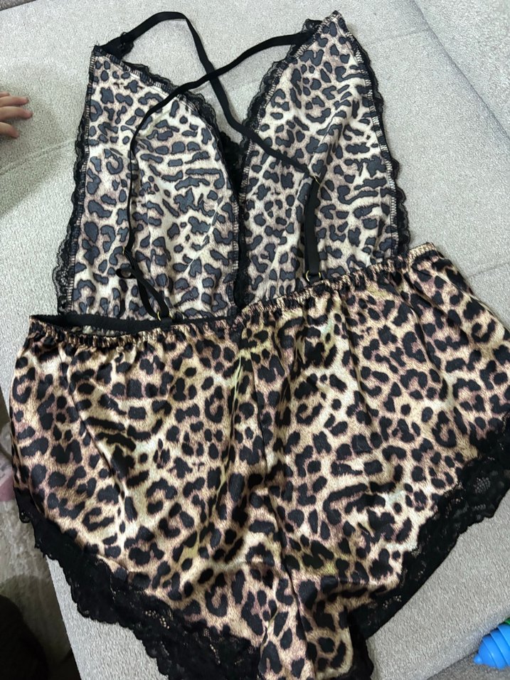 Kahverengi Leopar Desenli Dantelli Mini Tulum - Görsel 3