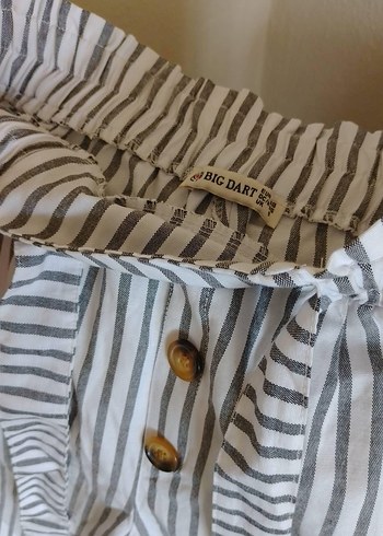 s Beden Düğmeli Çizgili Keten Kadın Pantolon