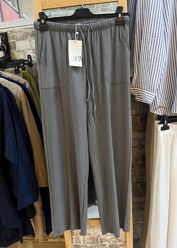 Zara Gri Bol Kesim Keten Pantolon