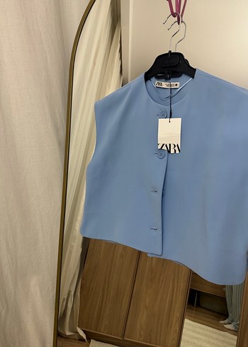 Zara Düğmeli Mavi Kadın Mini Yelek - Görsel 2
