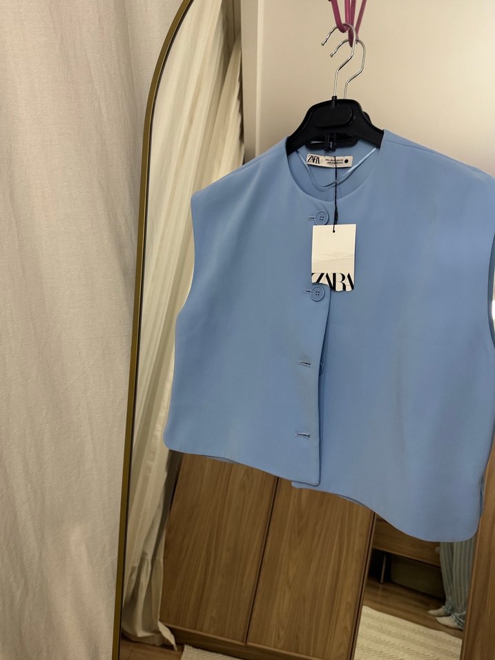 Zara Düğmeli Mavi Kadın Mini Yelek - Görsel 2