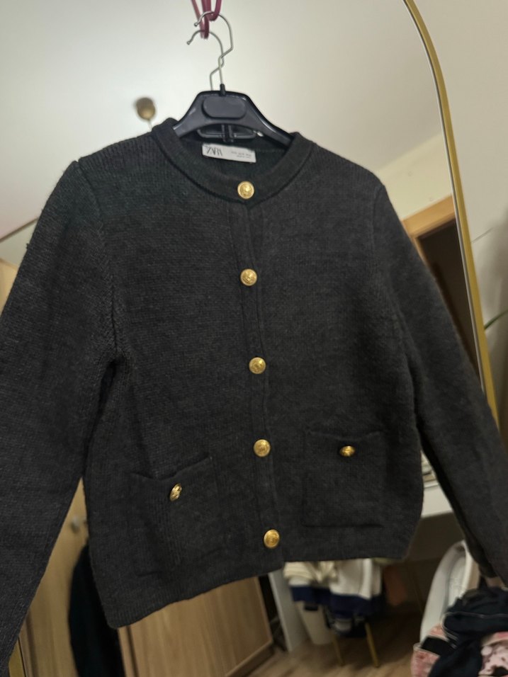 Zara Düğmeli Gri Kadın Mini Yün Hırka - Görsel 2