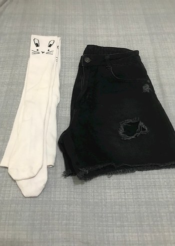 Mor Gri Batik Desenli kot şort ve kilotlu çorap - Görsel 6