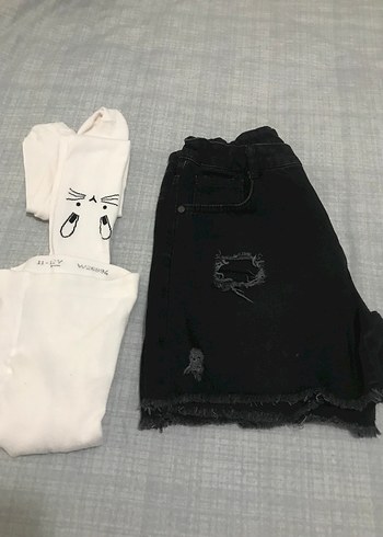 Mor Gri Batik Desenli kot şort ve kilotlu çorap - Görsel 11