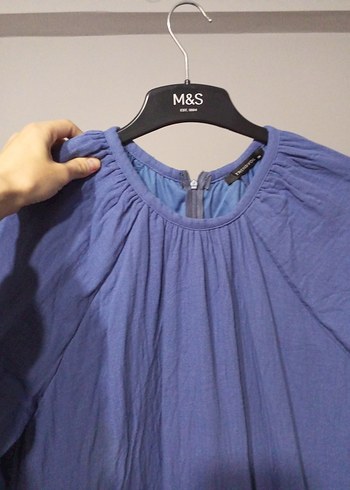 Uzun Kollu Mavi Müslin Salaş Elbise - Görsel 4