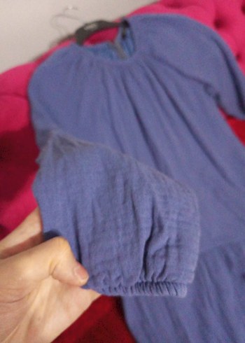 Uzun Kollu Mavi Müslin Salaş Elbise - Görsel 6