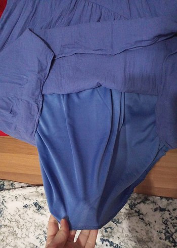 Uzun Kollu Mavi Müslin Salaş Elbise - Görsel 2