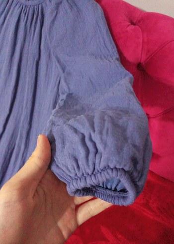 Uzun Kollu Mavi Müslin Salaş Elbise - Görsel 3