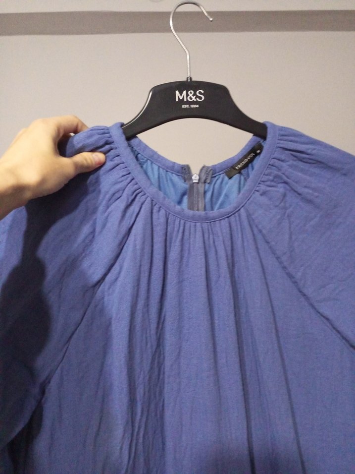 Uzun Kollu Mavi Müslin Salaş Elbise - Görsel 4