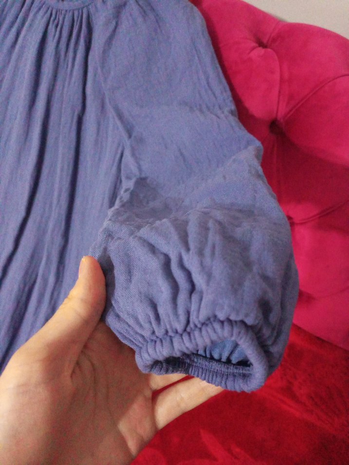 Uzun Kollu Mavi Müslin Salaş Elbise - Görsel 3